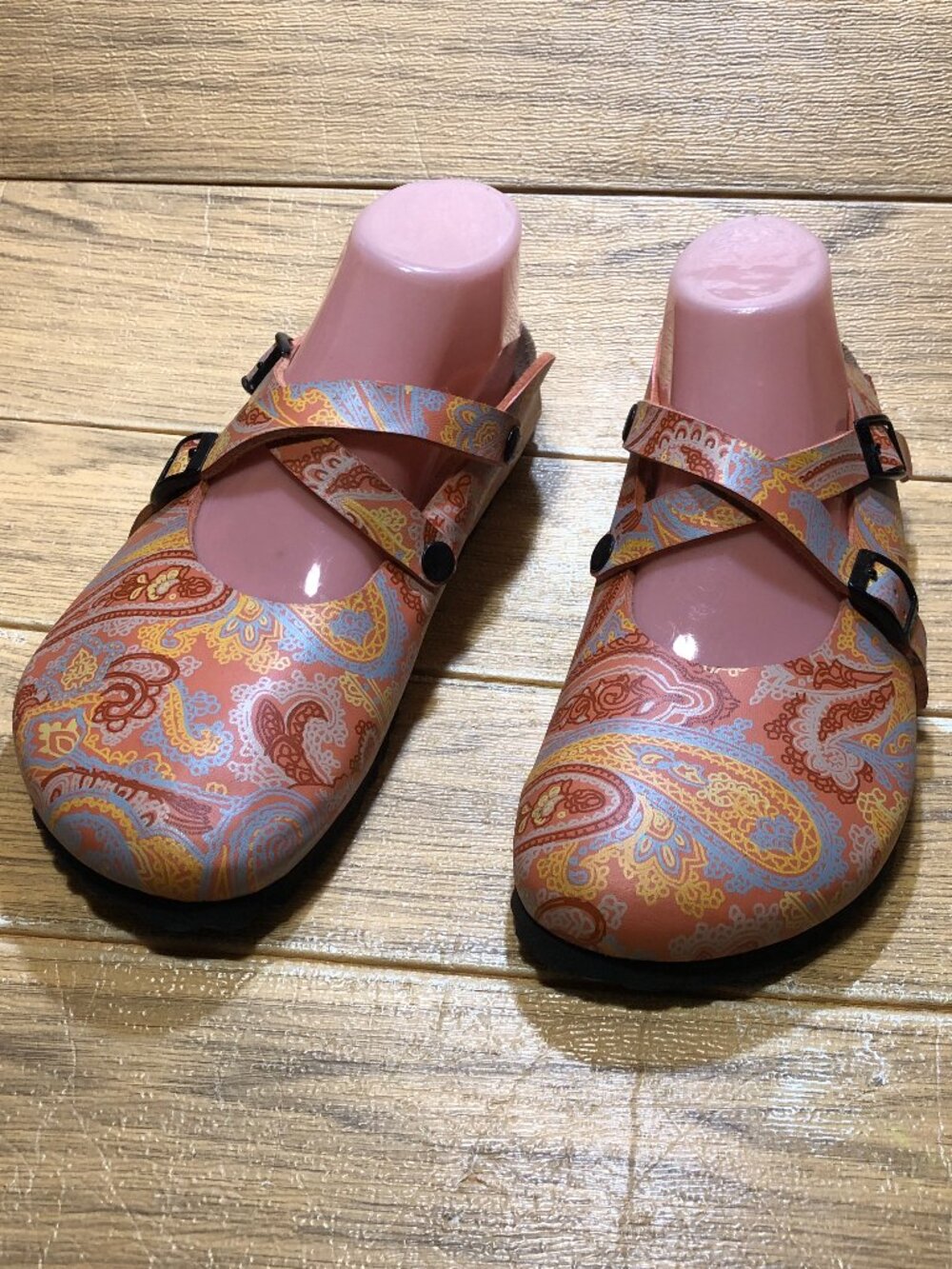 Birkenstock women birkies slip on flowery paisley orange and red print, 10